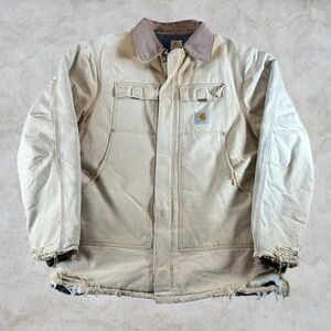 Vintage Carhartt Jacket Mens XL Tan Distressed Sun Faded Canvas Workwear Chore